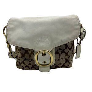 Coach Brown and White Bleecker Signature Canvas Leather Flap Shoulder Bag 11434